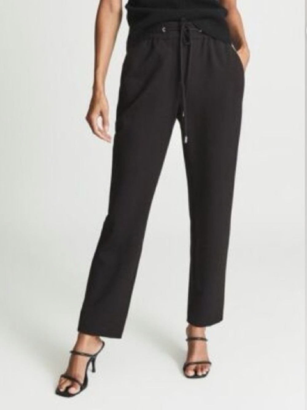 Reiss Black Cropped Drawstring Tapered Pants